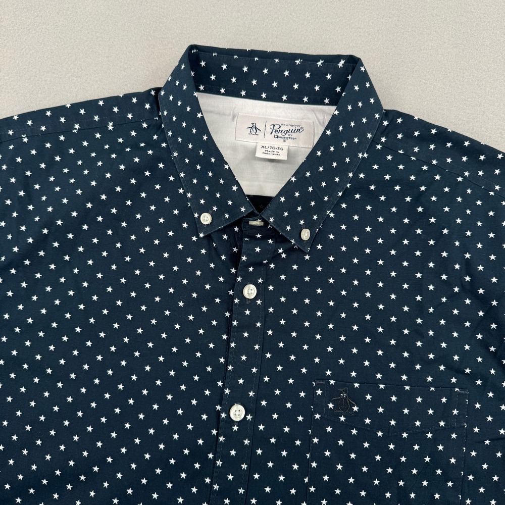 Original Penguin Mens XL Navy‎ Blue Star Print Short Sleeve Button Down USA